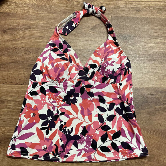 Lands End Size 6 Tankini Halter Swimsuit Top Pink White Leaves Floral Padded - Picture 1 of 5